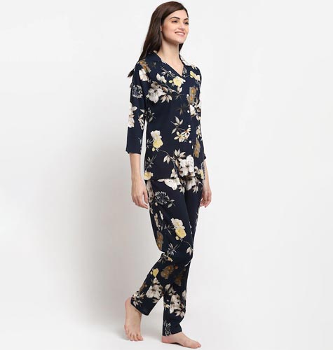 Women Navy Blue & Beige Floral Printed Pure Cotton Night suit